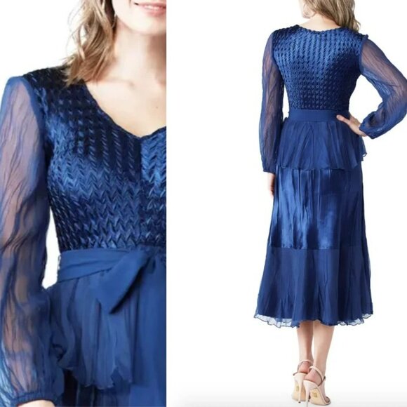 KOMAROV Chiffon Peplum Navy Dress Long Sleeve Charmeuse Sz XL NWT Occasion Dress - Picture 2 of 13